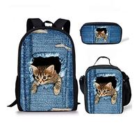 Biyejit Kids Backpack Cute Denim Pocket Cat Print Girls School Book bag with Lunch Box Pen Case 3 in 1