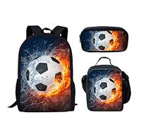 Biyejit Kids Backpack Water Fire Soccer Print Children School Bookbag + Insulated Lunchbox + Pencil Case Set of 3
