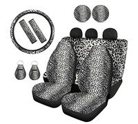 Biyejit Leopard Print Grey Car Seat Cover Protector Front & Rear Seat Cover SUV Car Full Set 11-pcs with Steering Wheel Cover + Seatbelt Strap Cover+ Auto Cup Coasters+ Key Chains Universal Fit