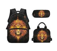 Biyejit Lion School Backpack Set 3 Pieces Backpack with Lunch Bag Pencil Bag Case Large Capacity Kids Schoolbag 17 Inches for School, Hiking, Camping, Travel