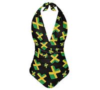 Biyejit Love Heart Jamaica Flag Women's V Neck One Piece Tummy Control Swimsuit Cheeky Halter Tie Bathing Suit Sexy High Waist Swimwear