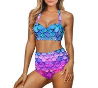 Biyejit Mermaid Scales Womens Swimsuits 2 Pcs Tummy Control Bikini Sets for Ladies High Waist Swimwear Bathing Suits Adjustable Summer Suit for Beach, Party, Vacation, Pool S-2XL