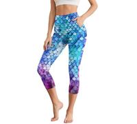 Biyejit Mermaid Scales Yoga Leggings 7 Point High Waisted Gym Trousers Pants with Pockets Butt Lifting Active Lounge Pants Workout Sports Fitness Running Activewear XS-3XL