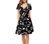 Biyejit Music Notes Women's Casual Dress for Music Lovers Flared A Line Swing Dress Flowy Cocktail Party Dresses Beach Sundress Teacher Clothes, Black