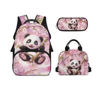 Biyejit Panda Children School Bags Set 3-in-1 Backpack with Lunch Bag Pencil Bag Case Casual 17 Inches Bookbags for High School College Students