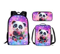 Biyejit Panda Rose School Backpack Set 3-in-1 Backpack with Lunch Bag Pencil Bag Large Capacity Kids Schoolbag 17 Inches Daypack Gift