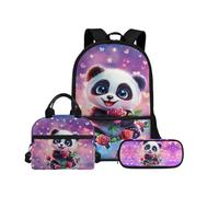 Biyejit Panda School Backpack Set 3 PCS Backpack with Lunch Bag Pencil Bag Case Large Capacity Bookbags 17 Inches for Hiking, Camping, Travel, Work