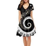 Biyejit Piano Music Notes Women's Casual Short Sleeve Dress Music Lovers A-line Flared Swing Dress Cocktail Party Dress for Work Party Teacher Clothes