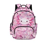 Biyejit Pink Axolotl Cherry Girls School Backpack with Side Pockets Casual Daypack for Kids Primary Schoolbag Biking Camping Travel