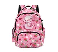 Biyejit Pink Axolotl Strawberry Childrens Backpack with Multiple Pockets Large Capacity School Bag Lightweight Rucksack for Girls Elementary Students Daypack
