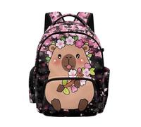 Biyejit Pink Black Capybara Cherry Floral Girls Kids Backpack Lightweight Comfortable School Bag with Multi Pockets Rucksack for Elementary Middle School Hiking Camping
