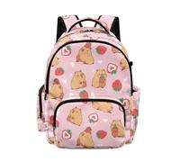 Biyejit Pink Capybara Strawberry Kids Girls School Backpack Durable Daypack with Side Pockets and Front Zipper Pockets for Elementary