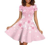 Biyejit Pink Cherry Floral Print Women's Crew Neck Short Sleeve Dress Casual Summer Beach Dresses Holiday Party Dresses S-4XL