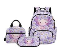 Biyejit Purple Axolotl Daisy Print Children Backpack Set with Large Capacity Lunch Bag and Pencil Case School Supplies for Kids Elementary Girls Student Shoulder Daypack