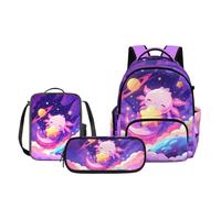 Biyejit Purple Starry Axolotl 3D Printed School Backpack Set for Kids Backpack Lunch Bag and Pencil Case Pouch Spacious Travel School Bag for Girls Kindergarten