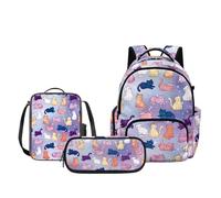 Biyejit Purple Starry Cat Print Kids Backpack Set with Lunch Bag and Pencil Case 3 Piece School Backpack Set for Girls Back to School Elementary Kindergarten