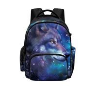 Biyejit Purple Wolf Starry Print Childrens School Backpack with Multiple Zipper Pockets Lightweight Rucksack Back to School for Kids Boys Elementary Students