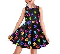 Biyejit Rainbow Dog Paw Print Girls Casual Tank Dress Summer Spring Beach Sundress Holiday Party Skater Swing Dress Age 7-8 Years Old