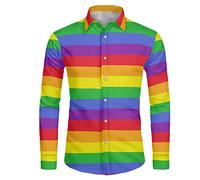 Biyejit Rainbow Flag Pride Print Men's Casual Long Sleeve Dress Shirt Button Down Collar Shirt Formal Business Party Shirts Size XS-6XL