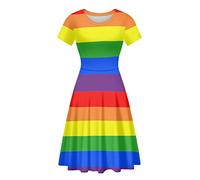 Biyejit Rainbow Flag Pride Print Women Party Dress Casual Short Sleeve Summer Dress Beach Stretchy Swing Dresses Flare Midi Dresses S-4XL