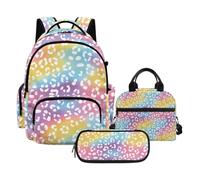 Biyejit Rainbow Leopard Print Children Backpack Set with Matching Thermal Lunch Bag and Pencil Case Pouch 3 in 1 School Bookbag Set for Kids Girls