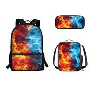 Biyejit Red Blue Flame Backpack for Boys Girls Large School Bag with Lunch Bag and Pencil Case Set of 3 Pcs Sport Bookbag Kids Back Packs Satchel Travel Daypack Rucksack
