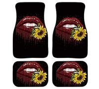 Biyejit Red Lips Biting Sunflower Car Floor Mats 4 Piece Set for Front Rear Seats, Plush Durable Floor Carpet Heavy Duty Rubber Back Universal Fits