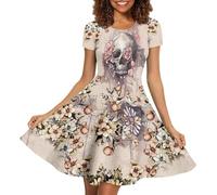 Biyejit Retro Rose Skull Print Women's Casual Short Sleeve Dress Round Neck Swing Dress Holiday Party Flare Dresses S-4XL