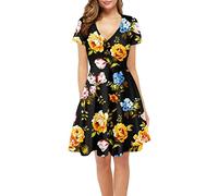 Biyejit Rose Print Women's Summer Casual Dress Short Sleeve V-Neck Floral Cocktail Party Dress Flowy Beach A-Line Swing Dress