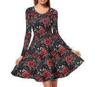 Biyejit Rose Women's A-Line Mini Dress Long Sleeve Ladies Swing Dress Loose Beach Holiday Sundress for Vacation Party Cocktail S-4XL