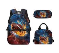 Biyejit Rugby Ball Children School Bags Set 3 PCS Backpack Lunch Bag and Pencil Case Water Resistant Kids Schoolbag 17 Inches for School, Hiking, Camping, Travel
