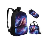 Biyejit Rugby Balls School Bags Set 3-in-1 Children Backpack Lunch Bag and Pencil Case Lightweight Bookbags 17 Inches for Teen Students Boys Girls