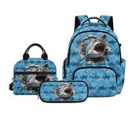 Biyejit Shark 3D Print Boys Backpack Insulated Lunch Bag Pencil Case Set 3 in 1 School Backpack Set for Children Elementary School Backpack, Blue