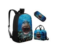 Biyejit Shark School Backpack Set 3 PCS Backpack with Lunch Bag Pencil Bag Case Lightweight Bookbags 17 Inches for Teen Students Boys Girls
