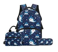 Biyejit Shark School Backpack Set 3 Pieces Backpack Lunch Bag and Pencil Case Casual Kids Schoolbag 17 Inches for Teen Students