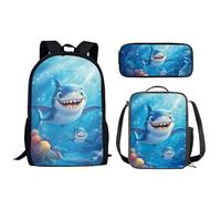 Biyejit Sharks School Backpack Set 3-in-1 Backpack with Lunch Bag Pencil Bag Large Capacity Lunch Boxes Pencil Holder Daypack Back to School Gift