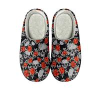 Biyejit Skull Flower Printed Cotton Slippers Non Slip Indoor Outdoor Home Slippers for Women Ladies