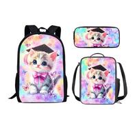 Biyejit Smart Cat Children School Bags Set 3 PCS Backpack Lunch Bag and Pencil Case Waterproof 17 Inches Bookbags for School, Hiking, Camping, Travel