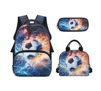 Biyejit Soccer Ball School Backpack Set 3-in-1 Backpack with Lunch Bag Pencil Bag Case Water Resistant 17 Inches Bookbags for School, Hiking, Camping, Travel