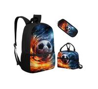 Biyejit Soccer Ball School Bags Set 3-in-1 Children Backpack Lunch Bag and Pencil Case Lightweight Bookbags 17 Inches for Teen Students Boys Girls