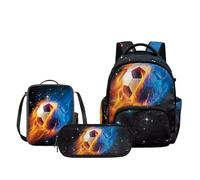 Biyejit Soccer Flame Lightning 3D Print Boys Backpack Lunch Bag Pencil Case Set 3 in 1 School Backpack Set for Children Elementary School Backpack