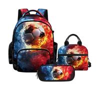 Biyejit Soccer Flame Print Kids 3 in 1 Backpack Set Matching Lunch Bag and Pencil Case School Bag Set for Boys Ages 3 Plus Kindergarten Elementary