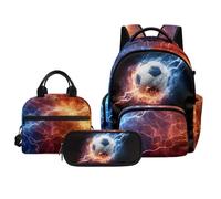Biyejit Soccer Lightning Flame Print 3 Piece Kids School Backpack Set Matching Lunch Bag and Pencil Case for Boys Elementary Students Back to School, Black