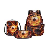 Biyejit Soccer Magma Flame 3 Piece Kids School Backpack Set Matching Lunch Bag and Pencil Case for Boys Elementary Students Back to School