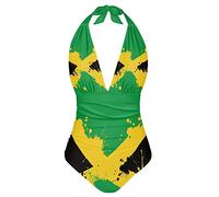 Biyejit Splash Jamaica Flag Women's One Piece Swimsuits Tummy Control Halter Backless Bathing Suit Plunge 1 Piece Swimsuit for Woman