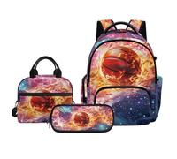 Biyejit Starry Basketball Flame Boys Backpack and Thermal Lunch Bag Set with Pencil Case 3 Piece School Backpack Set Elementary School Backpack for Children Back to School