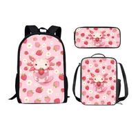 Biyejit Strawberry Axolotl School Backpack Set 3 Pieces Backpack Lunch Bag and Pencil Case Large Capacity 17 Inches Bookbags Primary Junior Middle School