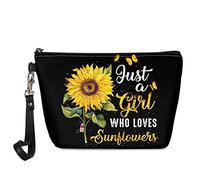 Biyejit Sunflower Print Makeup Bag PU Leather Eyebrow Pencil Case Cosmetic Pouch with Removable Strap