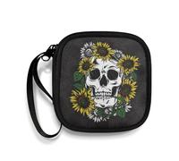 Biyejit Sunflower Skull Headphone Case Lightweight Headphone Storage Bag Portable Earphones Protection Luggage Accessories for USB Cables, Keys, Coin