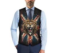 Biyejit The Union Jack Flag Lion Waistcoat for Men Casual Suit Vest with Button Slim Classic Sleeveless Jacket for Business Tuxedo Party Wedding Size S-4XL